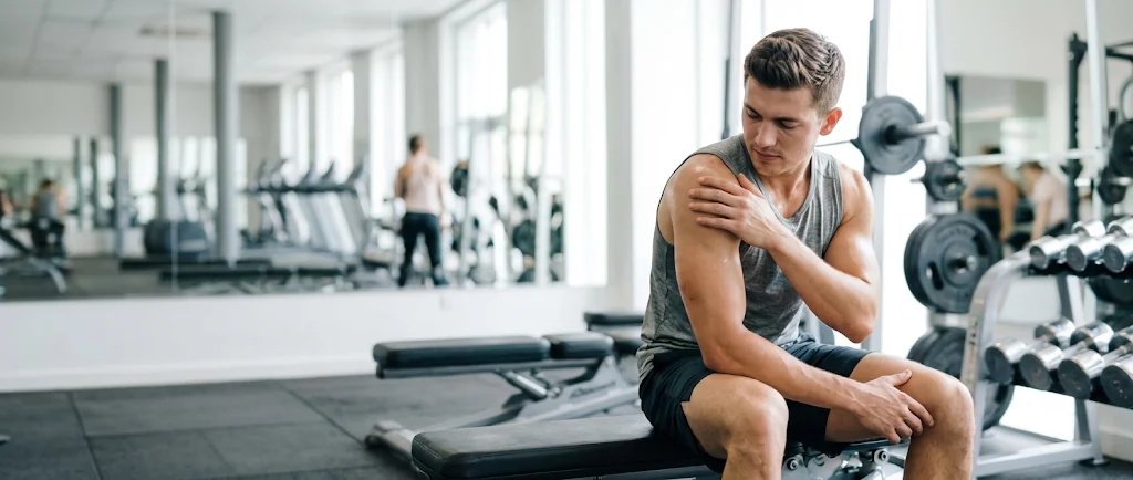Man with a highlighted area of shoulder discomfort