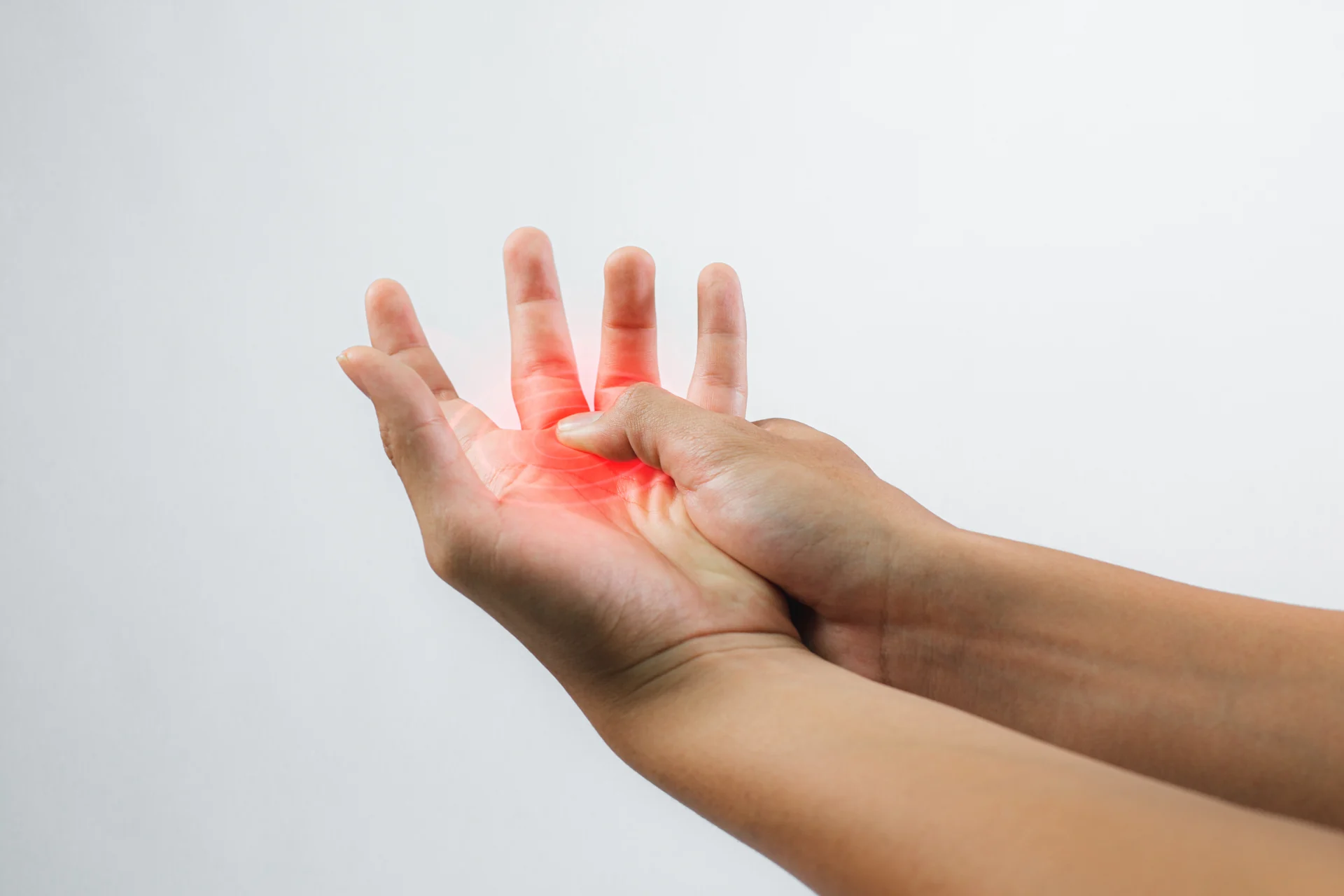 Hands with highlighted areas of nerve-related discomfort